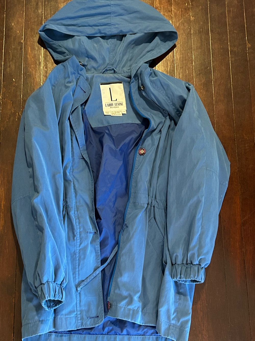 Larry Levine Women Blue Hooded Zip Mid Length Parka Jacket Size S Missing button